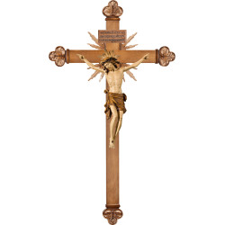 Cristo Pisa en cruz barroca con rayos y Titulus Crucis en hebreo - latín - griego